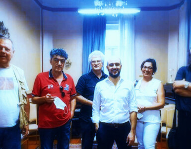 With his Colleagues, Greek Composers Giannis Kalogerakis, Stamatis Athanasoulas, Dimitris Sykias and Fani Kosona at Alfa Conservatory (10-7-2021)